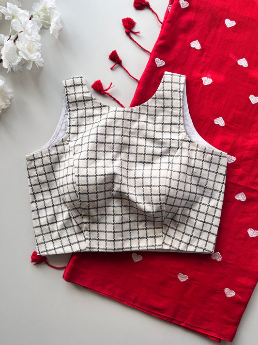 White Checkered Blouse & Red Heart Embroidered Saree